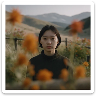 A portrait of a person in the foreground, blurred plants in the foreground, a wooden fence and colorfull flowers in the midground, rolling hills in the background, cinematic depth of field, layered composition, natural lighting sticker