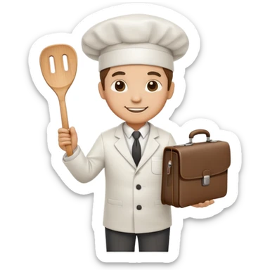 Chef wearing a suit and tie with a chef hat, holding a spatula in one hand and a briefcase in the other, friendly smile sticker