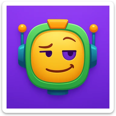 Generate a sarcastic half-emoji, half-robot character, matching the purple, green, and orange colors from the reference. Emphasize a smirk or raised eyebrow for sarcasm, combining emoji and robot elements. sticker