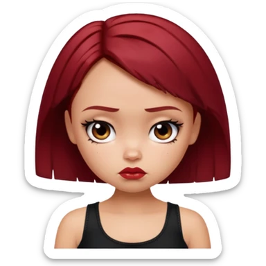 generate a pretty fair bratz girl with short dark red hair looking sad . Wearing a black cami sticker