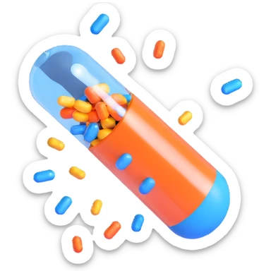 playful 3D celebration emoji with a glossy orange and blue medical capsule split open with shiny, multicolored confetti bursting out, capsule floating, confetti suspended, high-quality 3D style sticker