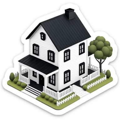 Black and white modern farmhouse exterior, isometric dollhouse-style, highly detailed  sticker