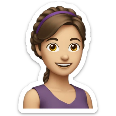 middle length hair brunette woman smiling with headband at computer sticker