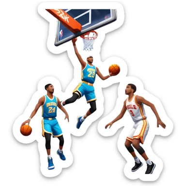 An icon featuring a basketball court with players in action, inspired by NBA 2K25. A player jumps for a dunk, with the ball mid-air. Bright lights illuminate the court, symbolizing the excitement of sports simulation games. Transparent background emphasizes the energy. sticker