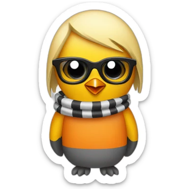 yellow penguin with black glasses blonde hair with orange tshirt and gray striped scarf sticker