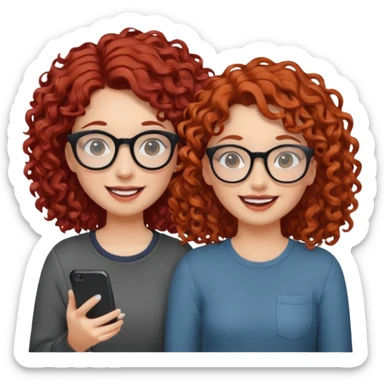 two girls. both white, one with curly red hair and glasses. one with curly brown hair. both giggling while doing a podcast sticker