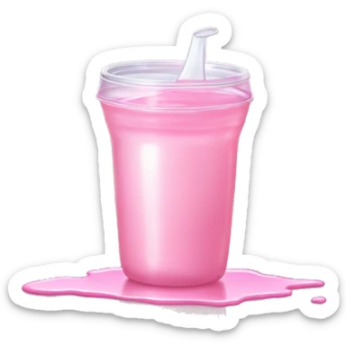 spilled sippy cup with pastel pink liquid and a distorted reflection sticker