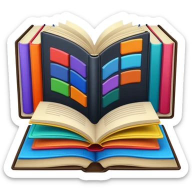 an open book with a dark cover and brightly colored tile samples sticker