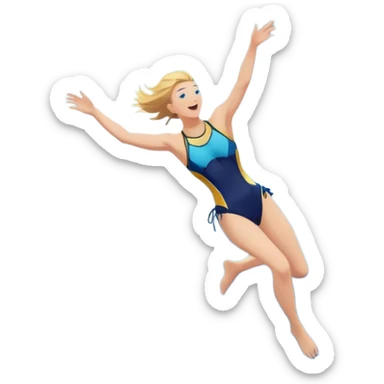 A diver mid-air, plunging from a high cliff into the sparkling ocean below. The background features rugged cliffs, clear blue water, and a bright sky, emphasizing the excitement and danger of the sport with a sense of freedom and adventure. sticker