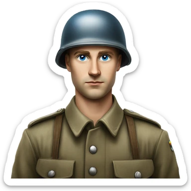 blue eyed  guy 28 years old german soldier in helmet 1940 photorealistic serious sticker