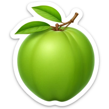 A green guava with a leaf attached sticker
