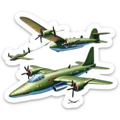 A surreal flying bomber aircraft with the head of a crocodile replacing its cockpit. The crocodile's mouth is open menacingly, with sharp teeth exposed, blending seamlessly with the metallic body of the plane. The aircraft is flying through a blue sky with clouds, and a bomb is being dropped mid-air. Two propellers are spinning on the wings. The scene is dynamic, imaginative, and slightly humorous, combining fantasy with wartime elements sticker