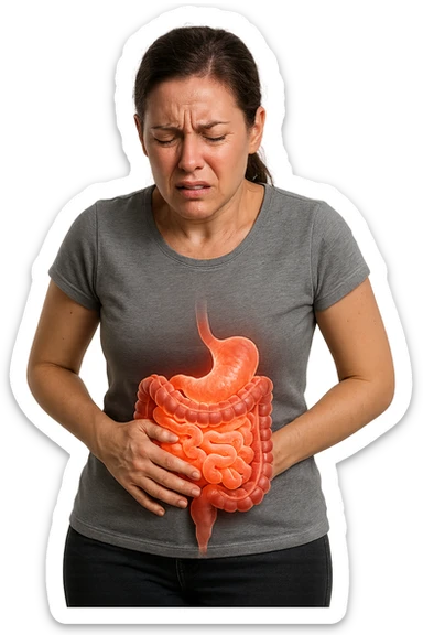 DONNA CON INTESTINO UMANO ANATOMICO IN EVIDENZA E MAL DI PANCIA, iperrealistico 4k, SFONDO BIANCO sticker