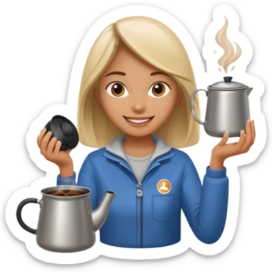 A cheerful female camper brewing coffee in a small metal pot. sticker