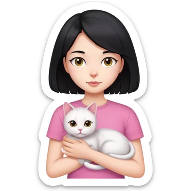 A girl with long black hair wearing a pink T-shirt and holding a beautiful short hair cat. sticker