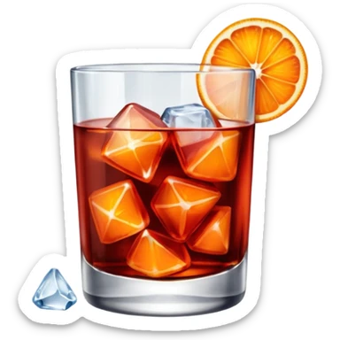 A short glass with bright red Negroni, ice cubes, and an orange wedge on top. sticker