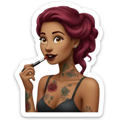 Beautiful tattooed burgundy long haired woman doing her makeup sticker