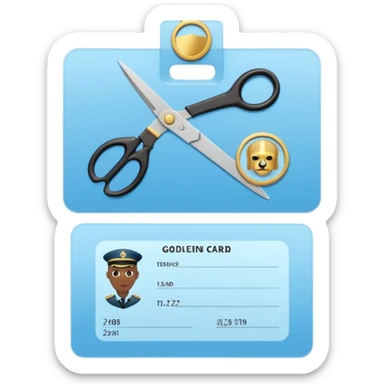 Floating black Scissors cutting in half a light blue idf soldier ID card with golden chip in 2 parts .hyper realistic sticker