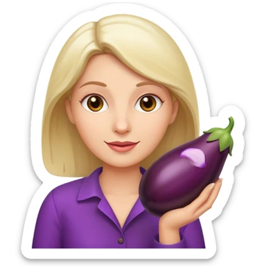 White woman holding an aubergine sticker
