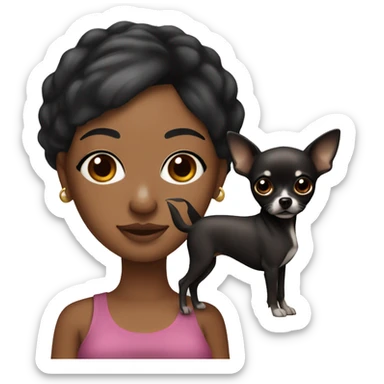 A curvy African American woman with dark skin and straightened black hair holding a black with brown eyebrows pointy ear chihuahua  sticker