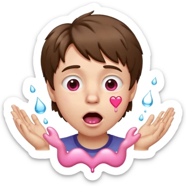 Pale Boy with shaggy brown hair, pink heart shaped eyes looking up , mouth open , water drop dripping from lips, hands grabbing at face  sticker