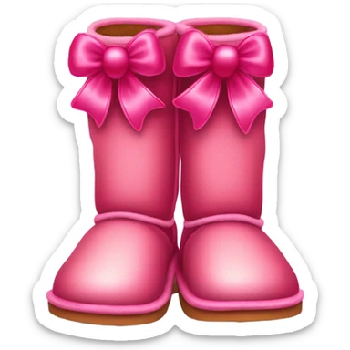 Realistic isolated pair of tall Red Ugg Fur Boots laced up with pink silk ribbon bows and hot pink and light pink sequin heart shaped patches sewn onto them. sticker