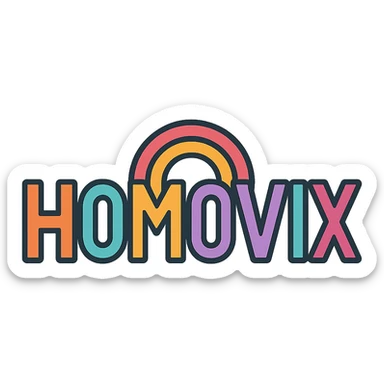 the word HOMOVIX as a colorful outlined icon logo, modern and clean style sticker