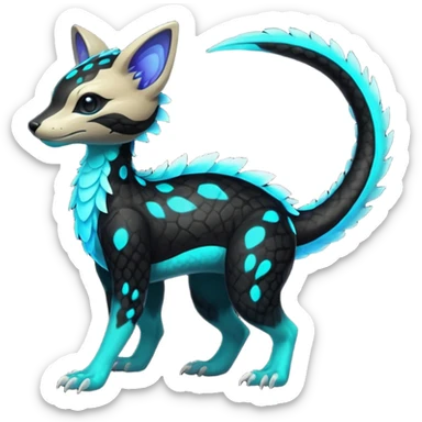 Rare realistic black-scaled neon-glowing bioluminescent edgy badass epic pretty beautiful handsome gorgeous aesthetic colorful vibrant Vernid-Trico-species-Fakemon-creature by LiLaiRa, 4 legs, 1 tail, random markings, (full body) sticker