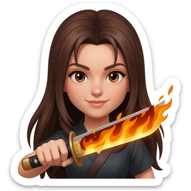 Girl, ninja, katana,fire, brown eyes, long hair, sticker