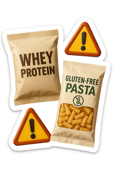 SU QUESTO STILE FAI UN EMOJI STILE IPHONE 3D DI UN pacco di whey protein e un pacco di pasta senza glutine che fluttuano in aria insieme a segnali di pericolo in 3d, FALLO MOLTO REALISTICO IN 3D sticker