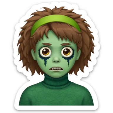 brown fluffy haired green zombie with turtleneck sweater and hair band sticker