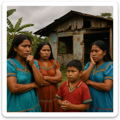 scene showing Costa Rican indigenous people worried about lack of educational centers, with a background of a deteriorated or absent school sticker
