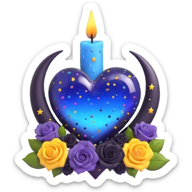 gothic heart made of midnight blue glass with silver crescent moon, tiny black roses, shimmering stardust, rainbow iridescent, dripping candle wax, confetti burst sticker
