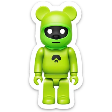 bearbrick toy wearing a neon lime green balaclava with a small black logo sticker