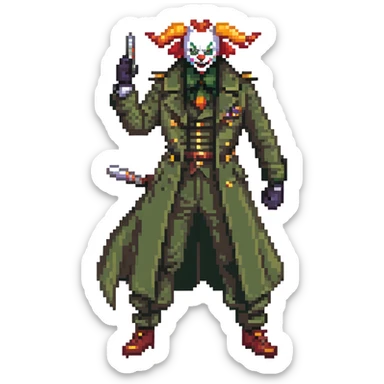 evil clown soldier, bald, black horns on forehead, fangs, pointed ears, eye patch over one eye, long coat over black and military green clothes with bellbottom pants, tail, holding a different style of whip, realistically proportioned, less bulky, full body, fighting stance sticker