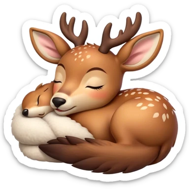 Meme-Worthy Cute Sleeping Deer Portrait Emoji, Head resting peacefully with a contented smile, showcasing a delicate, slender build and a luxuriously soft Fur, eyes shut in a serene, restful nap, Simplified yet hilariously adorable features, highly detailed, glowing with a soft, drowsy light, high shine, relaxed and utterly lovable, stylized with an air of playful laziness, bright and heartwarming, soft glowing outline, capturing the essence of a comically sleepy deer, so meme-worthy it feels like it could instantly become the next viral sensation of adorable woodland slumber! sticker