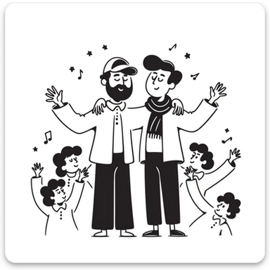 Two brothers who are musicians: a noticeably taller 35-year-old with stylized beard and backwards cap (big brother) with his arm around his shorter 25-year-old brother. Side by side, facing forward, celebrating. Music notes and stars around. Band members cheering in background. sticker