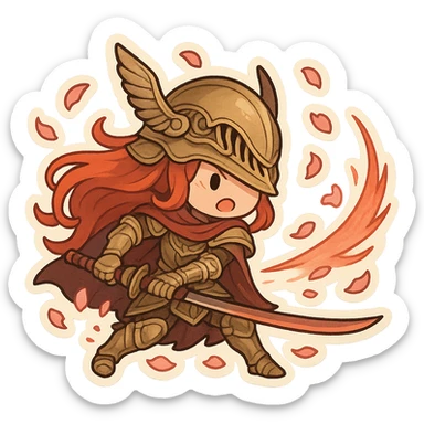 Malenia, Blade of Miquella, chibi style, mid-attack pose, golden armor, red hair flowing, prosthetic arm extended, katana slashing, flower petals swirling sticker