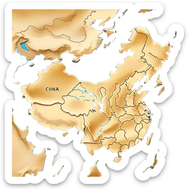 Cinematic-realistic outline of china, featuring its distinct landmass with accurately defined coastlines. The deep blue ocean surrounds the golden-brown continent, with subtle topographic shading to highlight its terrain. A soft glowing effect enhances the edges, making the shape stand out against a neutral, textured background. sticker