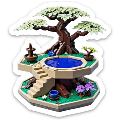  Ancient saucer-castle jungle Lego winding trail mountainside getaway haunted nighttime landscape antique mudman very old broken cracked intricately detailed Stone Age lapis-crusted irregular dodecagon-shaped shallow dark moss rough bark violet flowered maple bonsai Saikei coffee table-sized pot  sticker