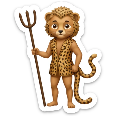 Give me a human who has hunch back and wearing cheetah print clothes  lot of hair on his body show full body and has a stick in his hand sticker