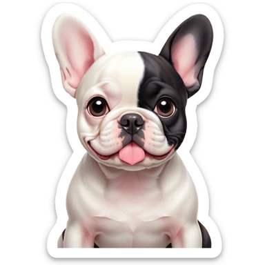 Cinematic Cute Pied French Bulldog Portrait Emoji, Head tilted with a sweet, mischievous grin and large, inviting eyes, featuring a unique pied fur of contrasting colors, simplified yet irresistibly endearing, highly detailed, glowing with a warm, playful radiance, high shine, exuding a quirky charm and affectionate personality, styled with a soft, lighthearted outline, capturing the essence of a cute Pied French Bulldog that looks ready to charm its way into your heart! sticker