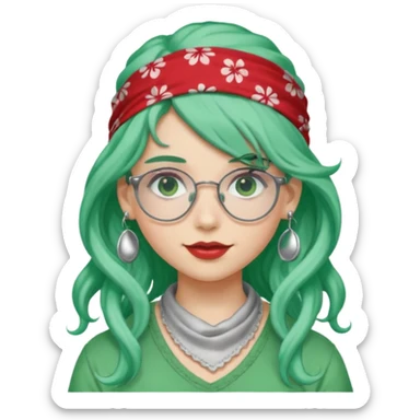 girl with long curly peppermint green hair and single-color bandana and glassess and earring sticker