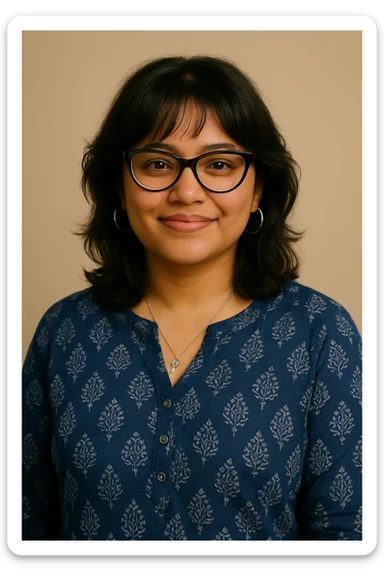 Keep the face and hair the same as the reference photo. Use realistic skin tone matching the reference. Add slight fringes on the top to slightly cover the forehead. Make the background soft beige. Change outfit to an indigo, handprinted kurti. Add bigger silver hoop earrings and a simple silver pendant around her neck. Keep the same relaxed, modern style and black bowline spectacles. sticker