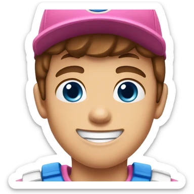 A boy with brown hair and a pink baseball cap and blue eyes and buck teeth sticker