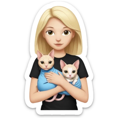 A white girl with blonde hair black T-shirt is holding a white Sphynx girl cat in her arms sticker