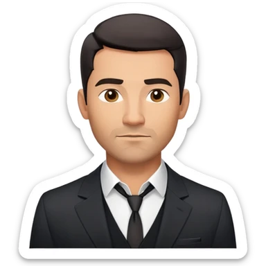 Handsome athletic man in his mid-40s with tan skin, short black hair with clear fade cut, 5 o'clock shadow facial hair, strong square masculine face, warm approachable expression, black blazer worn open, white buttoned shirt with collar unbuttoned, explicitly no tie sticker