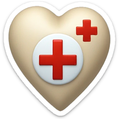 a beige heart with the red cross symbol on top and a blue swirling circle around the red cross symbol on top of the heart sticker