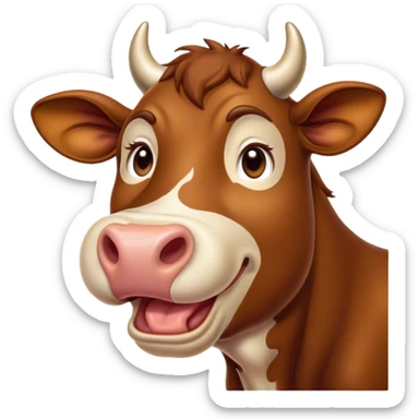 Cinematic Cute Yawning Brown Cow Portrait Emoji, Head tilted slightly with a dramatic, wide-open yawn, showcasing a smooth, rich brown hide with a subtle shine, floppy ears slightly drooping, round brown eyes barely open in drowsy contentment, Simplified yet irresistibly adorable features, highly detailed, glowing with a soft, cozy glow, high shine, relaxed yet expressive, stylized with a touch of pastoral whimsy, bright and endearing, soft glowing outline, capturing the essence of a sleepy yet affectionate cow, so drowsy it feels like it could amble right out of the screen and curl up for a nap! sticker