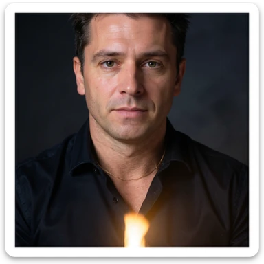 Vertical portrait of a man's face in a realistic professional photography style. The expression is serene and concentrated. Include symbols of regeneration such as light or energy rising from the bottom. The atmosphere conveys wellness during fasting. sticker